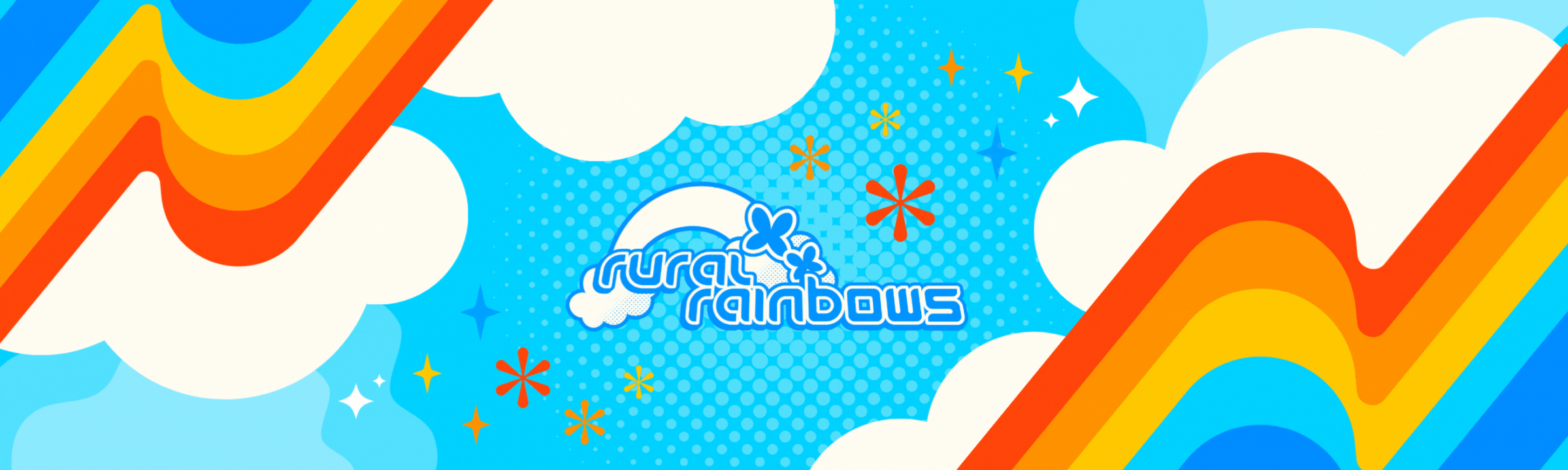 Animated logo gif of Ruralrainbows surrounded by clouds and spinning red, orange, and yellow flowers